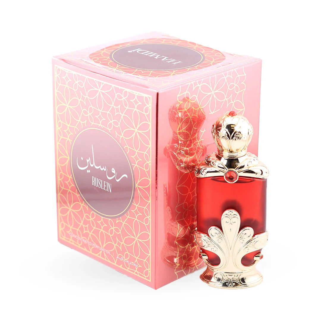 Hamidi Ruslein Perfume Oil 22ml bottle with its box – unisex attar, notes of musk, sandalwood and amber