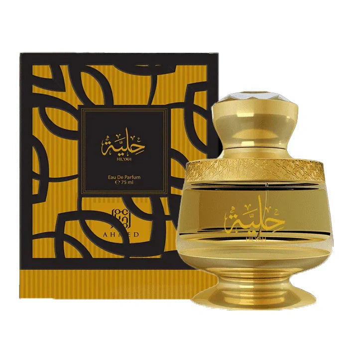 Hilyah Gold EDP 75ml golden bottle with intricate patterns and geometric packaging