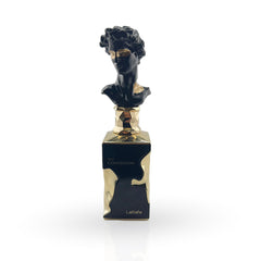 Perfume bottle with classical bust design on a white background