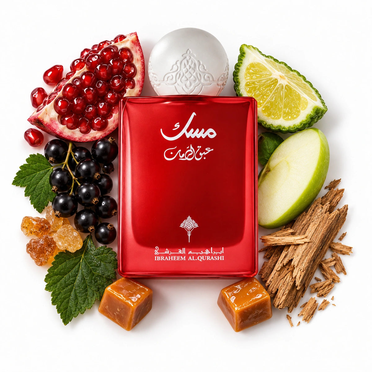 Ibraq Abaq Pomegranate Musk 75ml red bottle surrounded by pomegranate, black currant, apple, bergamot, caramel, cedarwood and amber notes