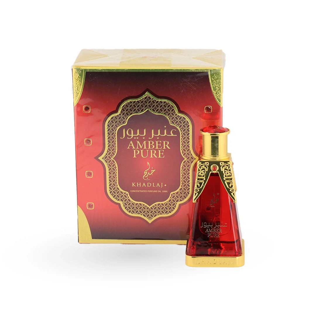Khadlaj Amber Pure Concentrated Perfume Oil 20ml bottle with its box – unisex attar, notes of cyclamen, lemon and jasmine