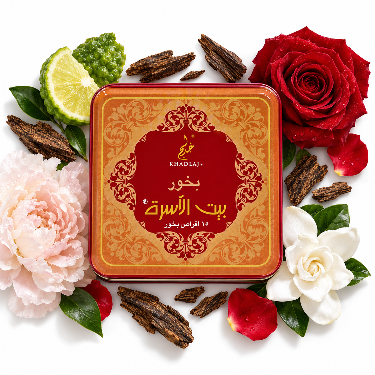 Khadlaj Bait Al Isra 65g bakhoor tin with rose, peony, gardenia, bergamot and oud notes