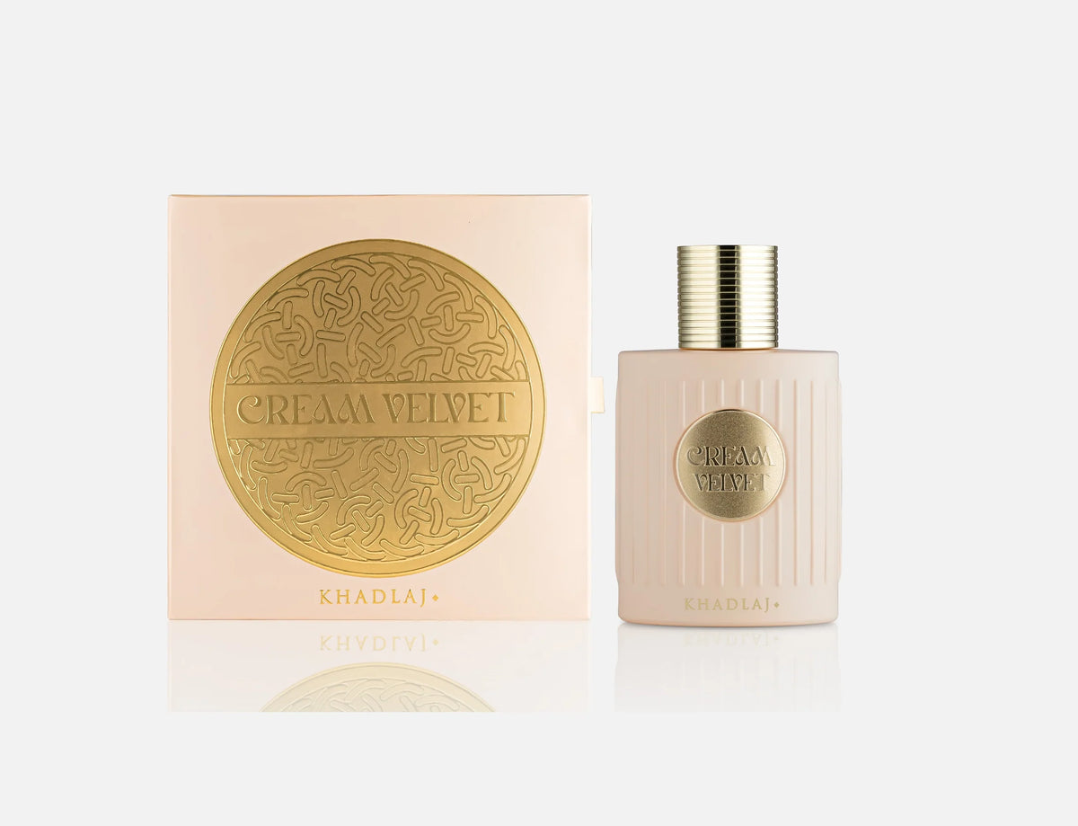 Khadlaj Cream Velvet Extrait de Parfum 100ml with its box – women's gourmand body fragrance, notes of caramel, tonka bean and honey