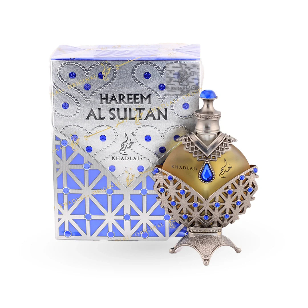Khadlaj Hareem Al Sultan Blue Concentrated Perfume Oil 35ml bottle with its box – unisex attar, notes of musk, freesia and citrus