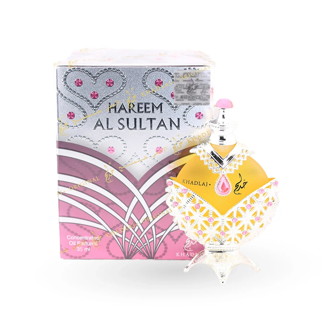 Khadlaj Hareem Al Sultan Silver Perfume Oil 35ml bottle with its box – unisex attar, notes of frankincense, bergamot and rosemary