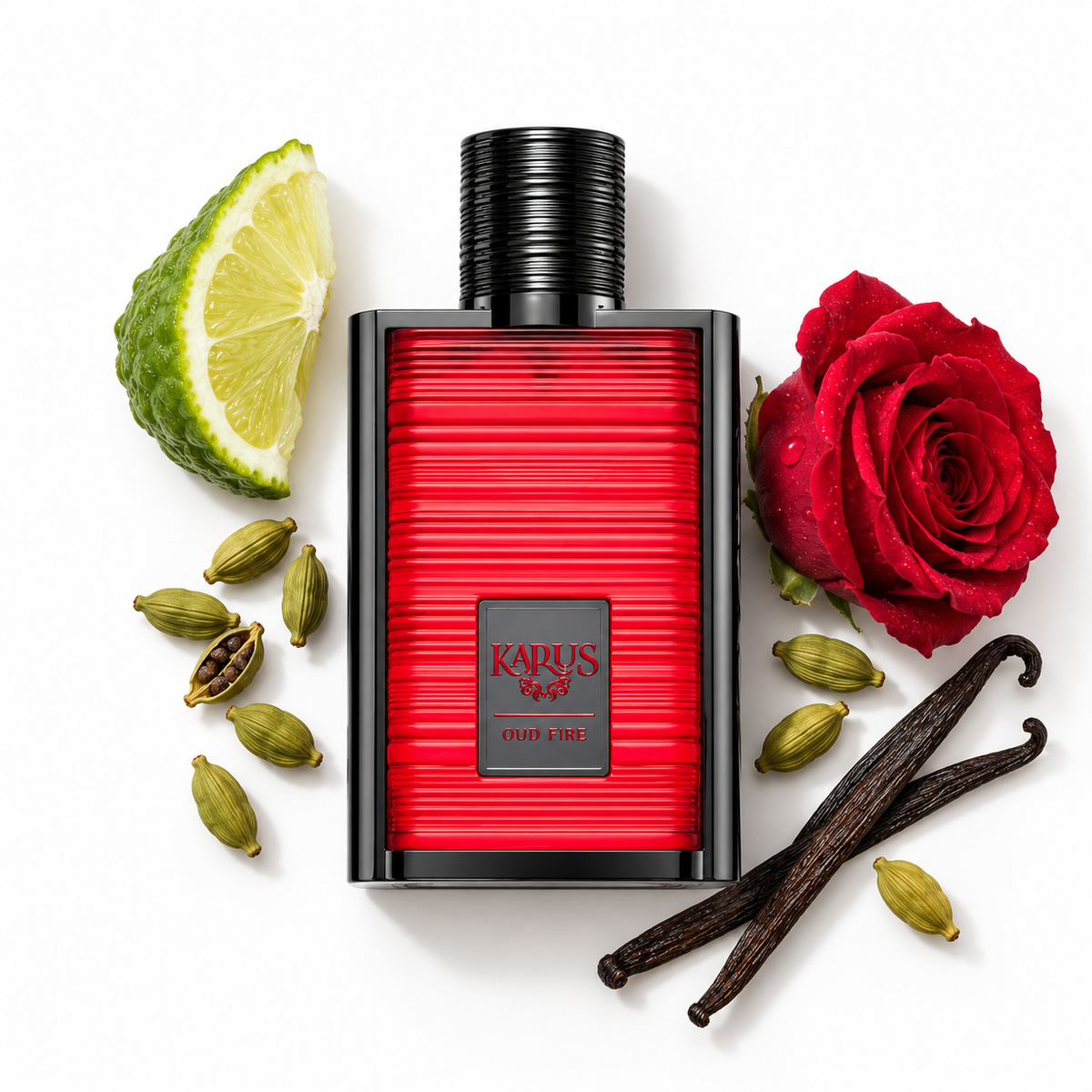 Khadlaj Karus Oud Fire 100ml bottle on a white background with bergamot, rose, cardamom and vanilla
