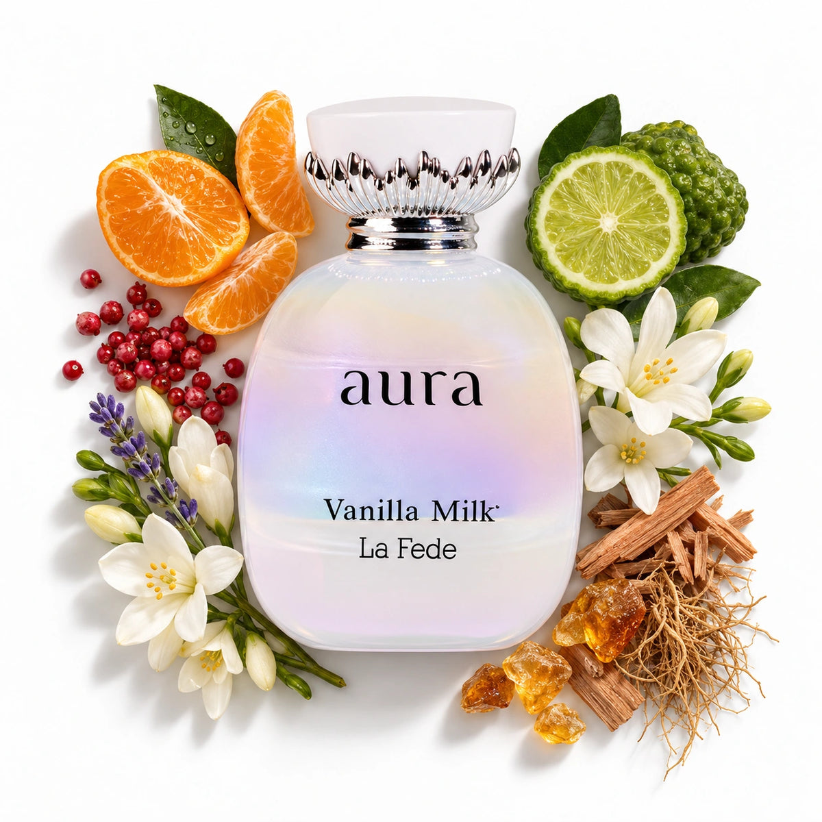 Khadlaj La Fede Aura Vanilla Milk Eau de Parfum 100ml bottle surrounded by citrus, white flowers and woody fragrance notes