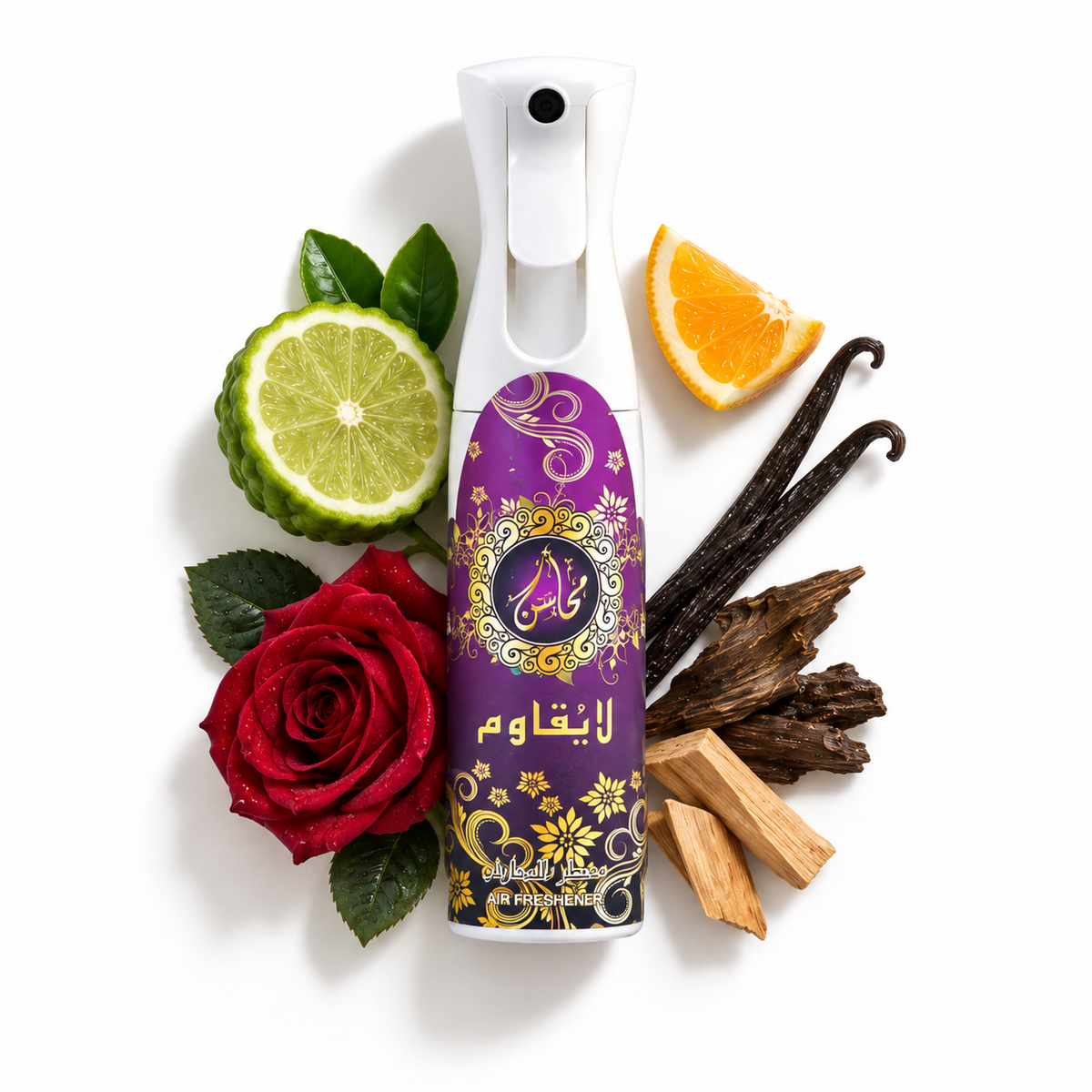 Khadlaj La Yuqawam air freshener in a white flatlay with bergamot, orange, rose, vanilla, oud and sandalwood scent-note props.