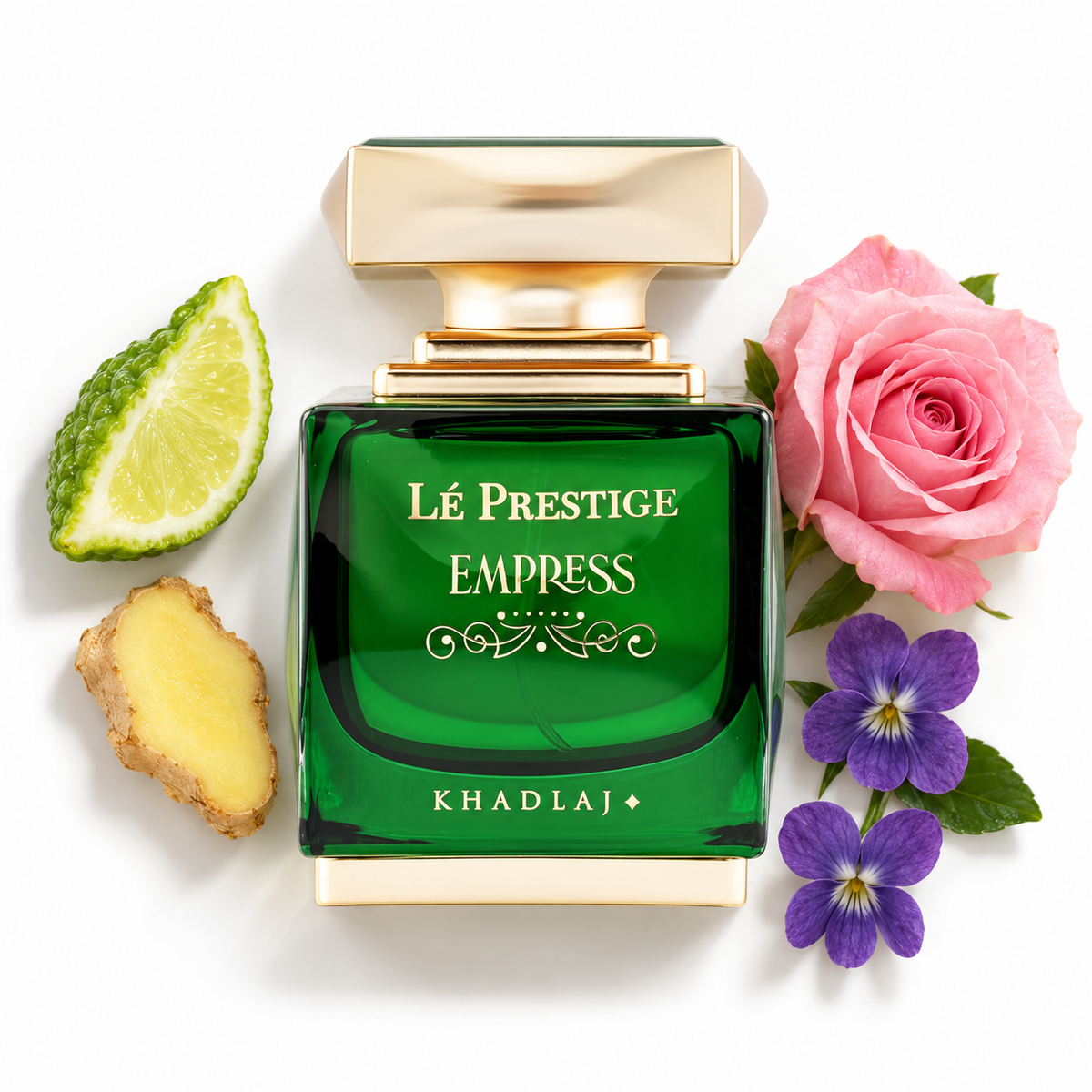 Khadlaj Le Prestige Empress 100ml bottle on a white background with bergamot, ginger, rose and violet