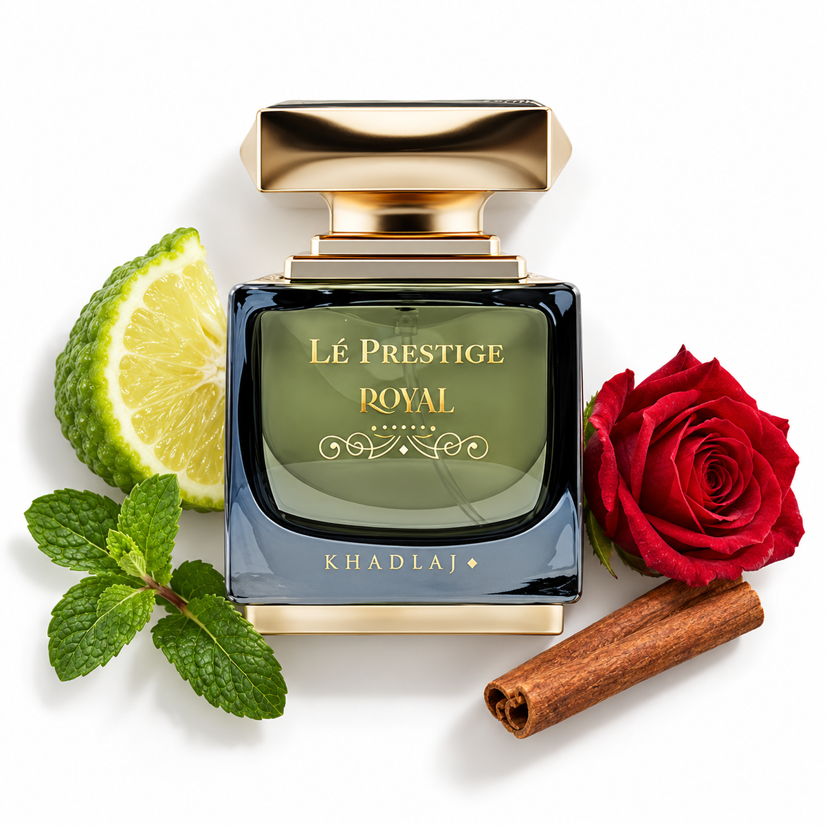 Khadlaj Le Prestige Royal 100ml bottle on a white background with bergamot, spearmint, rose and cinnamon