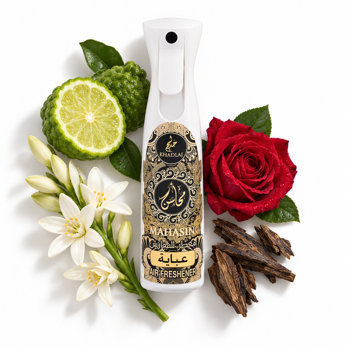 Khadlaj Frash Mahasin Abaya Air Freshener 320ml with bergamot, rose, tuberose and oud scent-note props