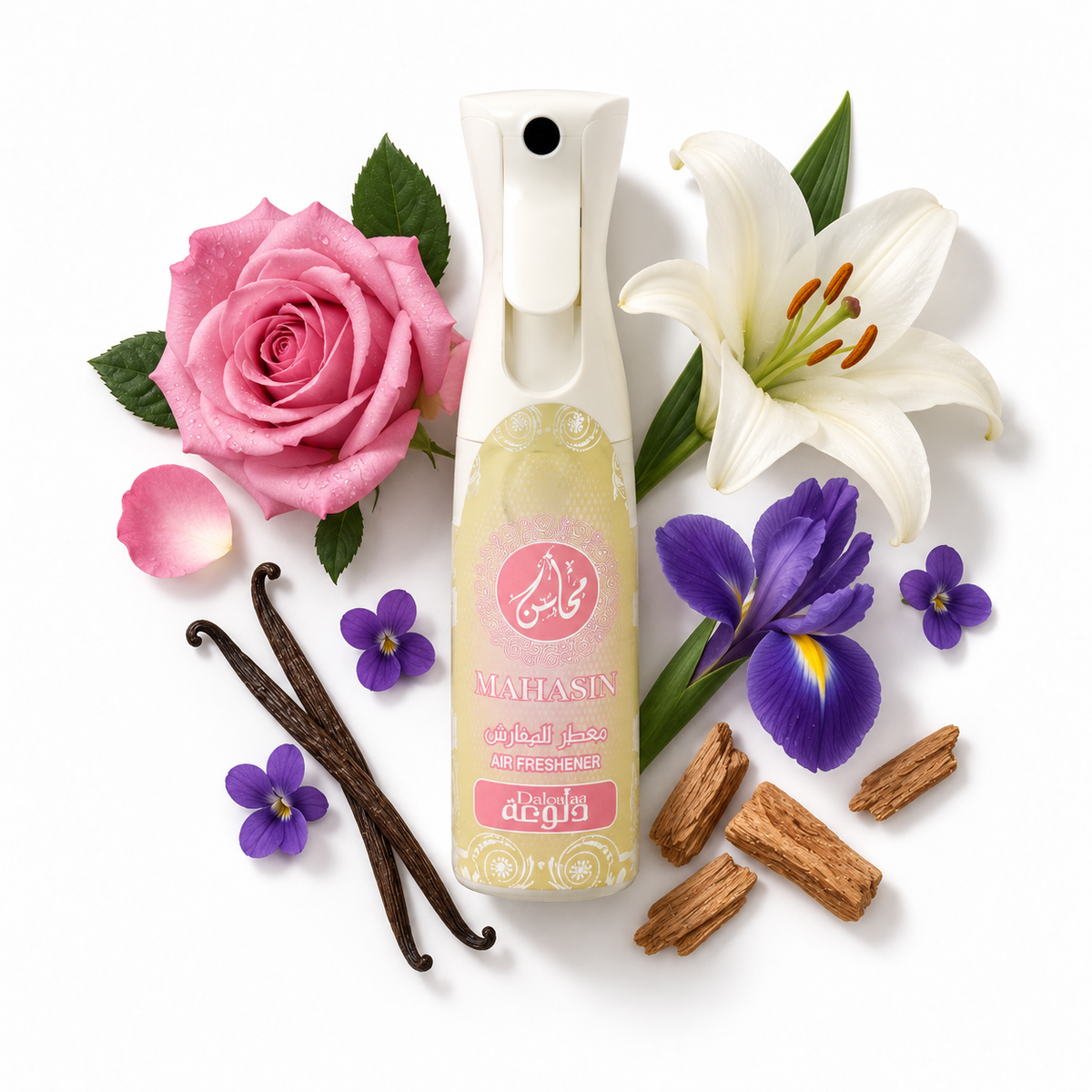 Khadlaj Frash Dalouaa Air Freshener 320ml with rose, lily, iris, violet, vanilla and cedarwood scent-note props
