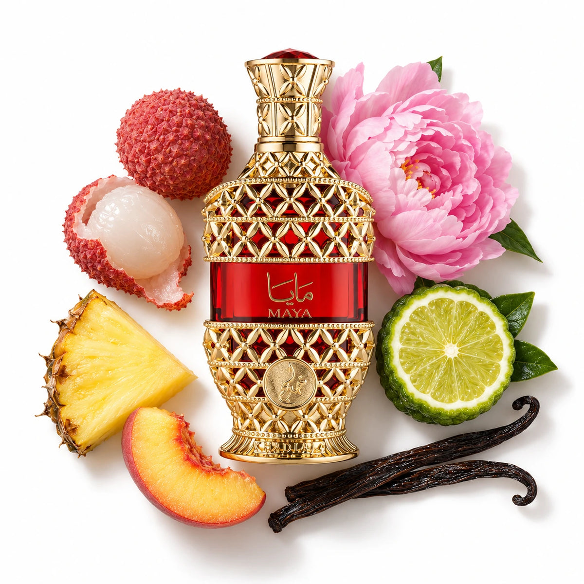 Khadlaj Maya 20ml concentrated perfume oil in its red and gold bottle, laid flat with lychee, peony, pineapple, peach, bergamot and vanilla.