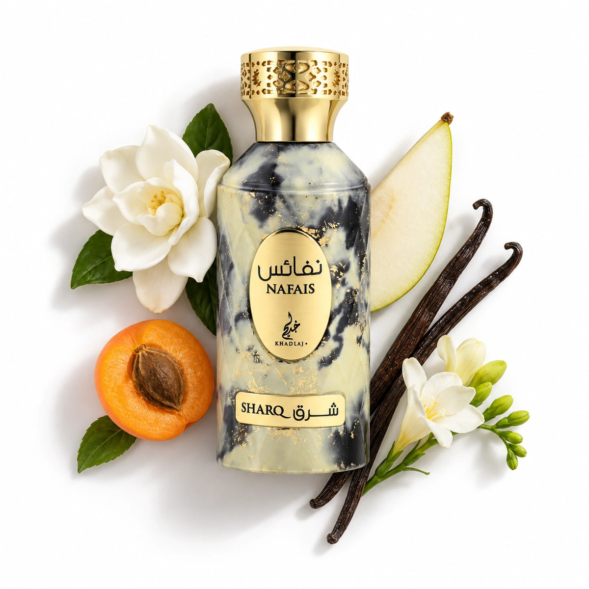 Khadlaj Nafais Sharq 100ml bottle with gardenia, vanilla, apricot, pear and freesia