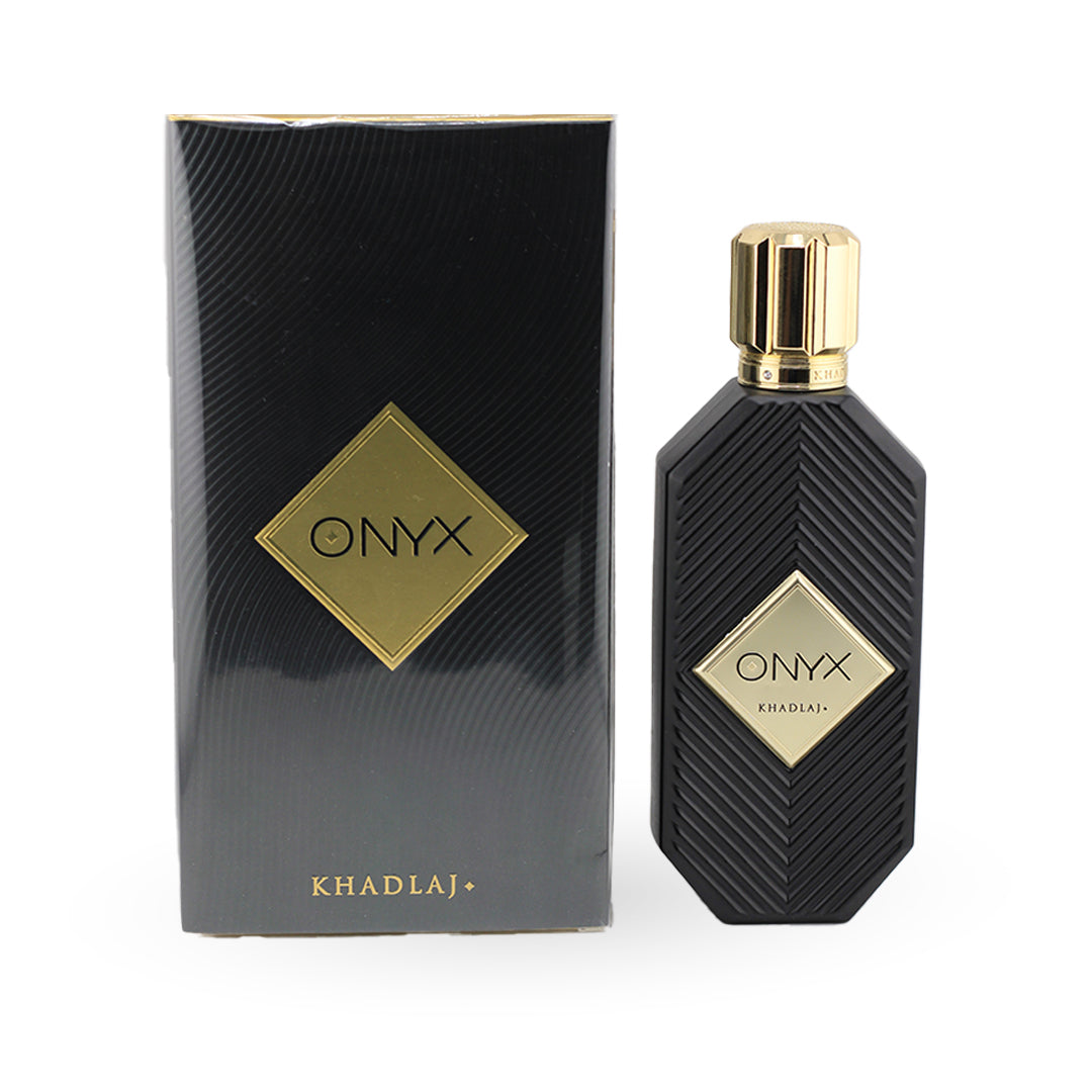 Khadlaj Onyx Gold Eau de Parfum 100ml bottle with its box – unisex perfume, notes of sandalwood, vanilla and ginger