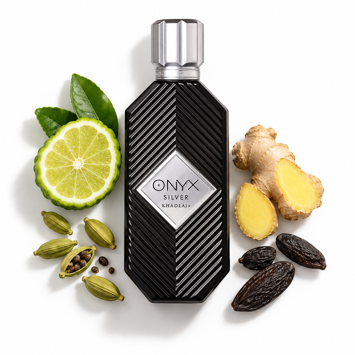 Khadlaj Onyx Silver 100ml bottle on a white background with bergamot, ginger, cardamom and tonka beans