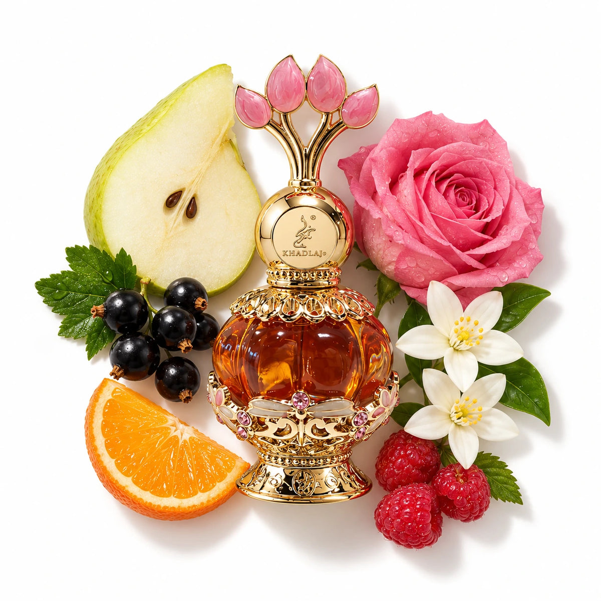 Khadlaj Pink Musk 20ml perfume oil in its gold and pink ornamental bottle, laid flat with blackcurrant, mandarin, pear, rose, jasmine and raspberry.