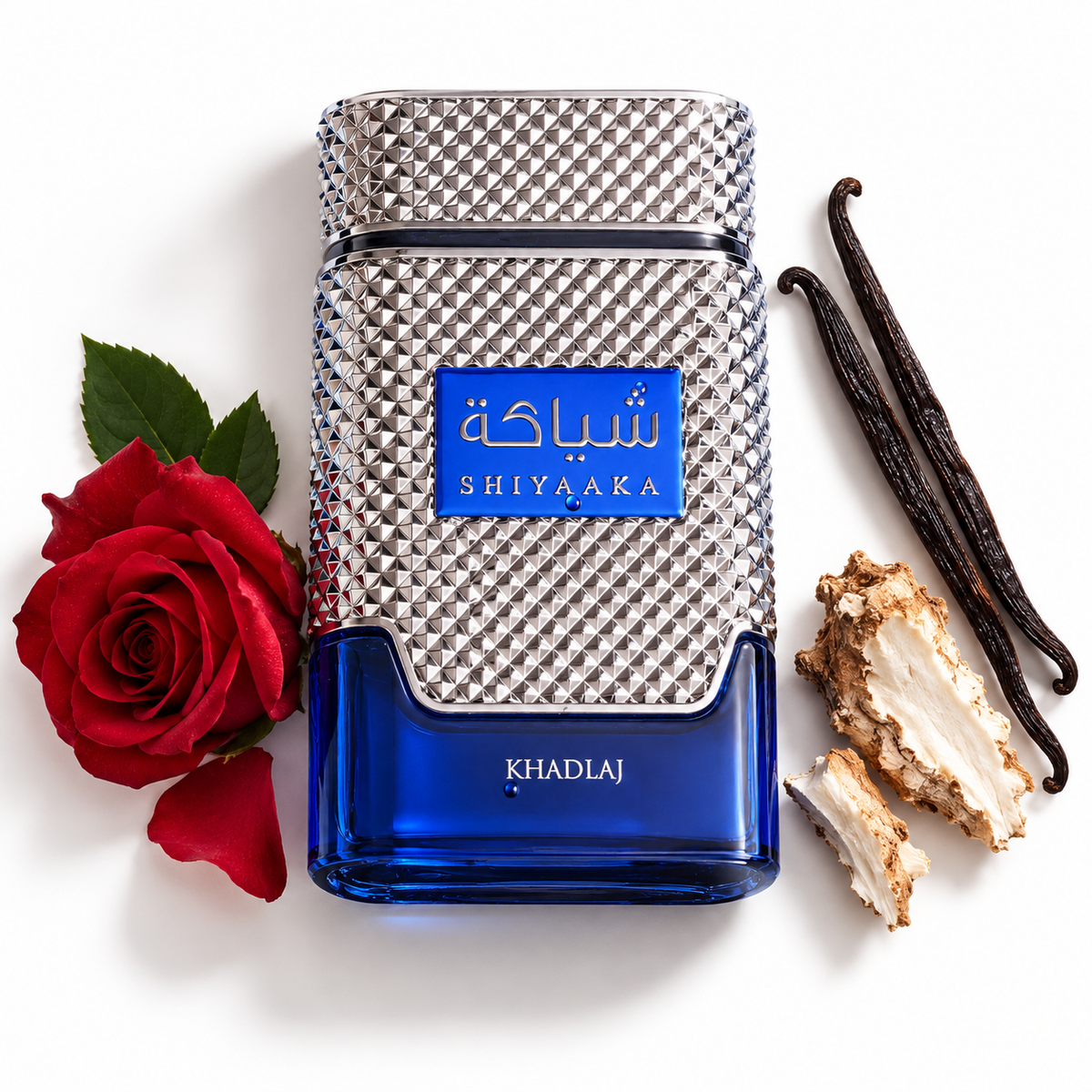 Khadlaj Shiyaaka Blue 100ml bottle on a white background with rose, orris and vanilla