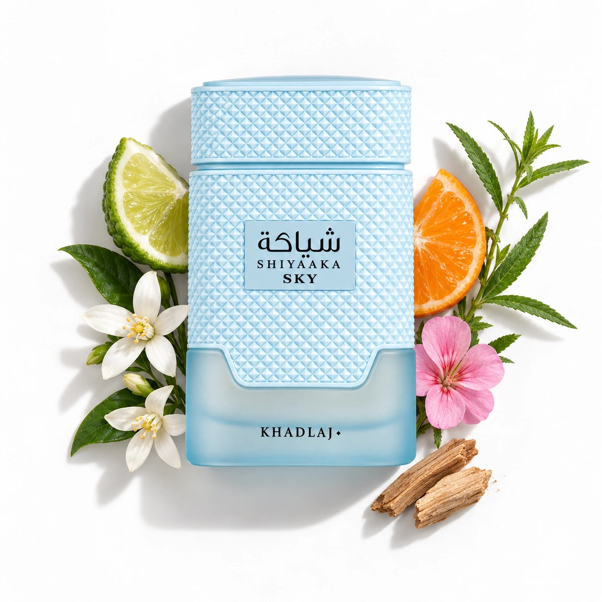 Khadlaj Shiyaaka Sky 100 ml bottle with bergamot, mandarin, verbena, orange blossom, geranium and sandalwood