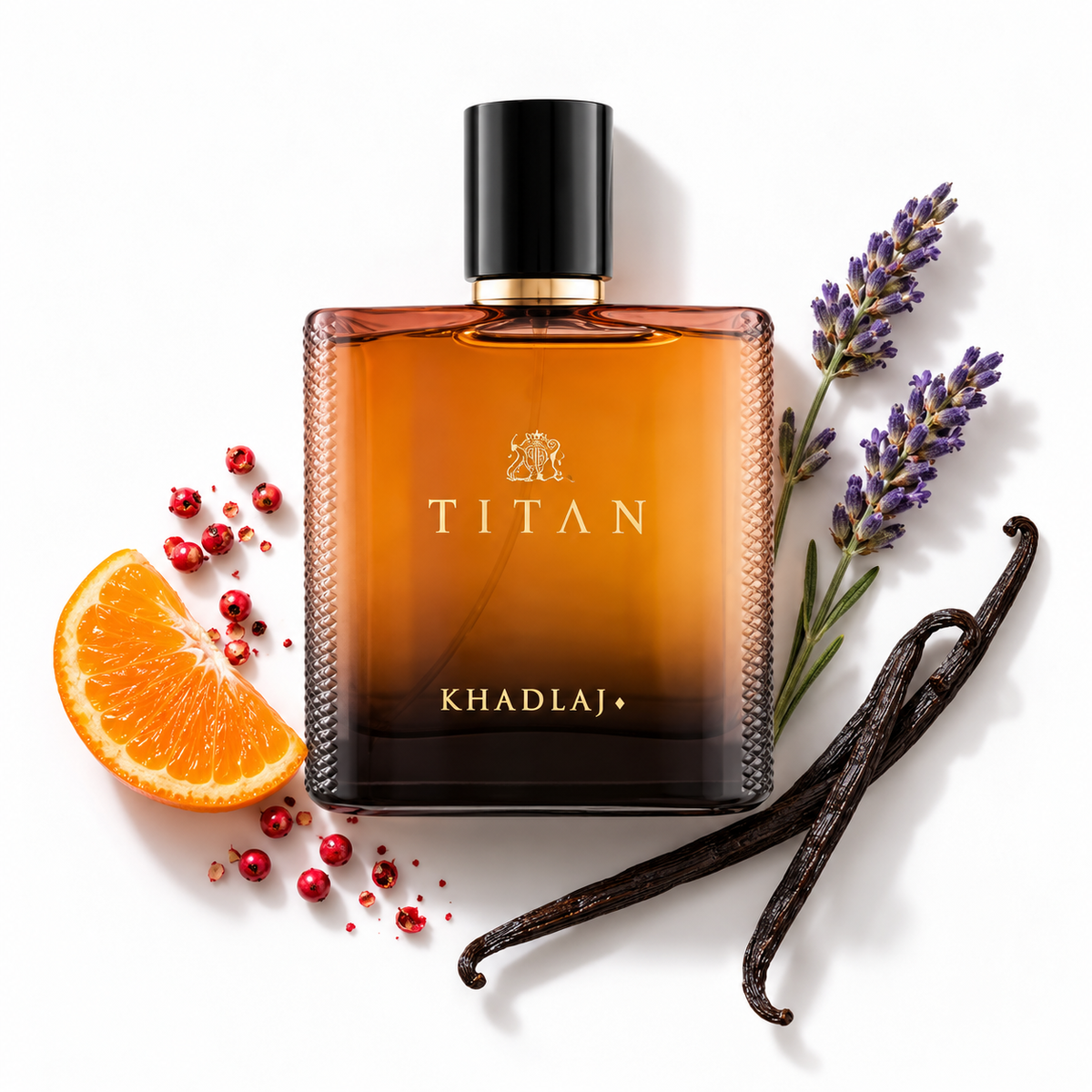 Khadlaj Titan 100ml bottle on a white background with mandarin, pink peppercorns, lavender and vanilla