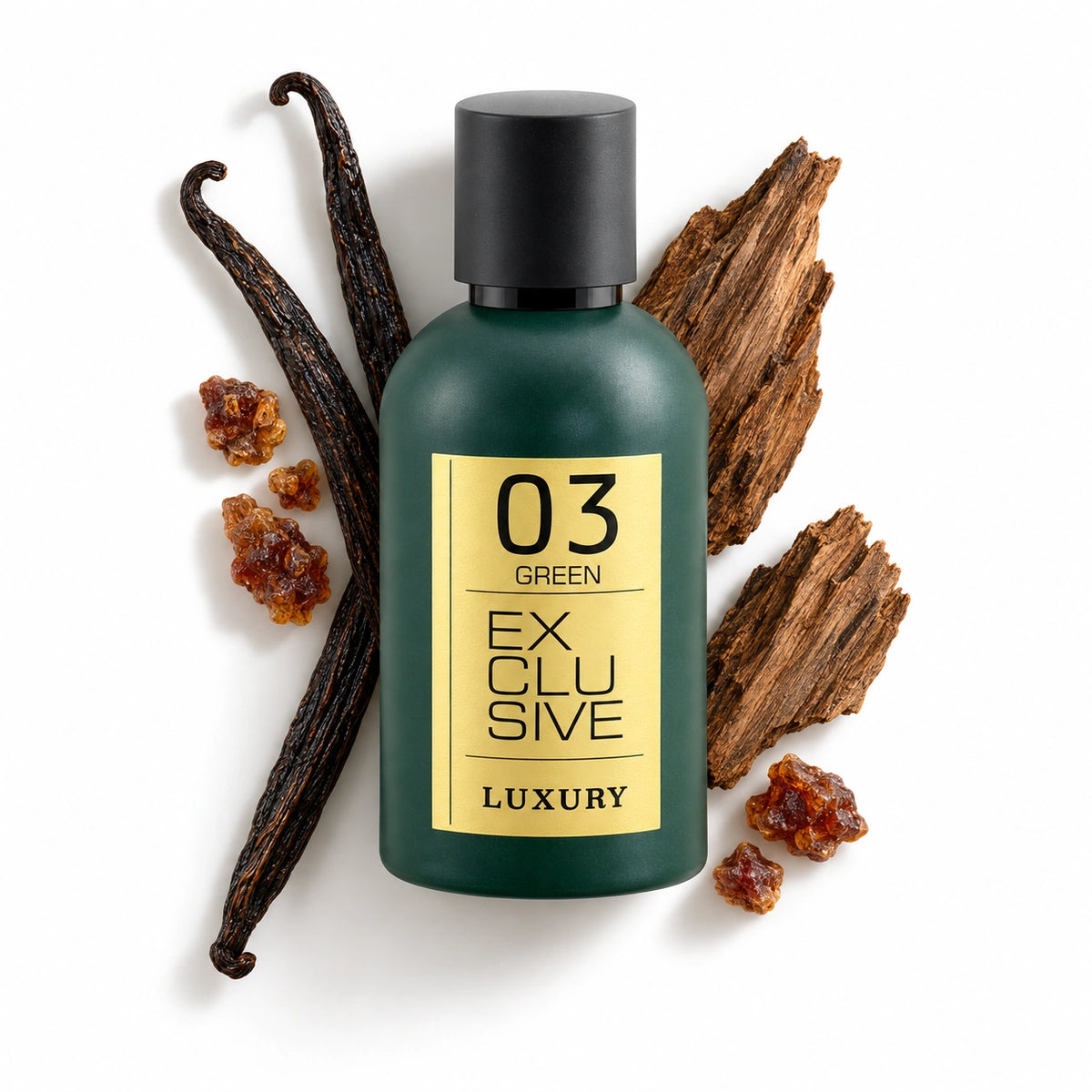Khalis 03 Green Exclusive 100ml bottle with dry woods, vanilla and myrrh