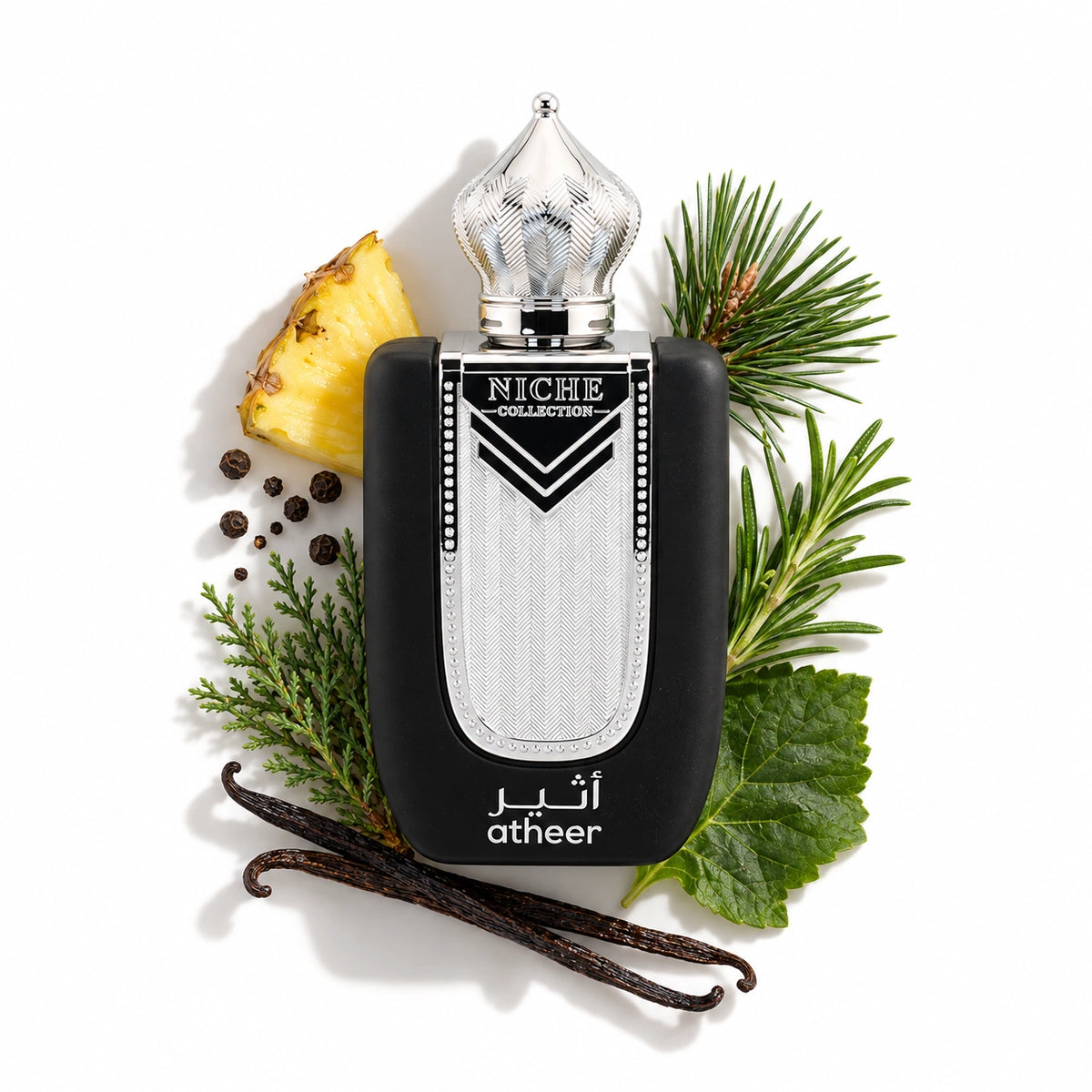 Khalis Atheer bottle with black pepper, cypress, pineapple, pine, rosemary, patchouli and vanilla
