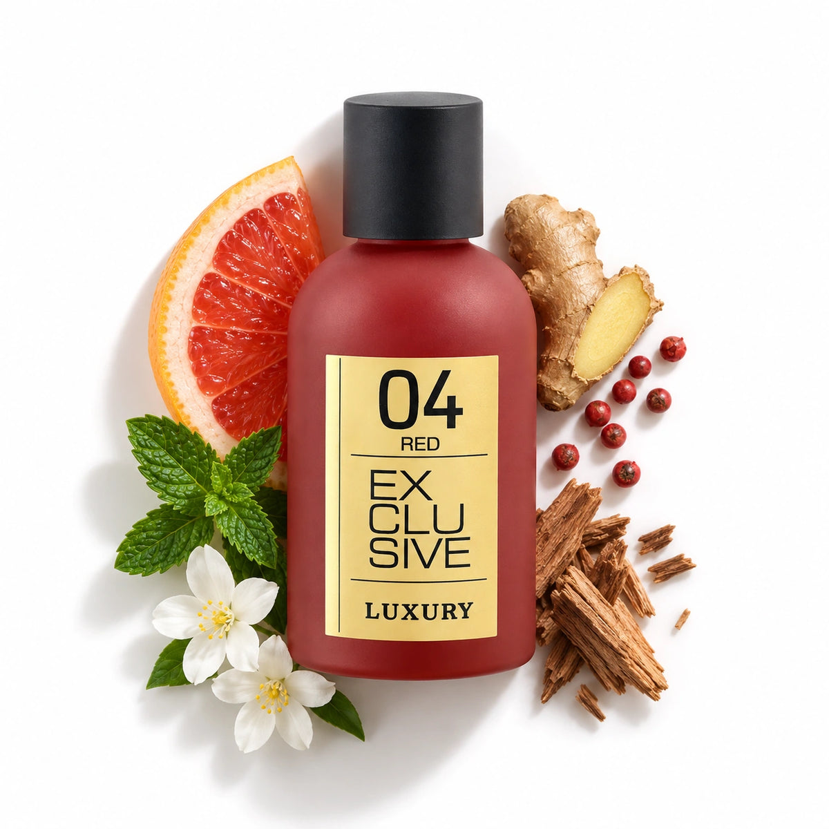 Khalis Exclusive 04 bottle with grapefruit, ginger, pink pepper, mint, jasmine and cedarwood