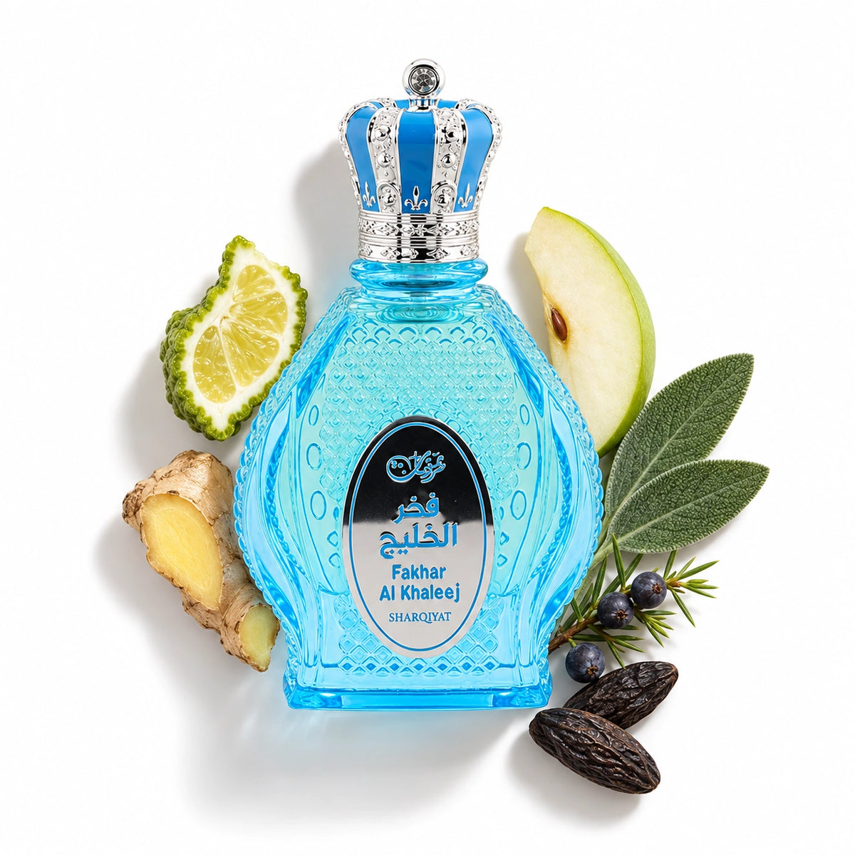 Khalis Fakhar Al Khaleej Sharqiyat 100ml bottle with bergamot, ginger, apple, sage, juniper and tonka bean