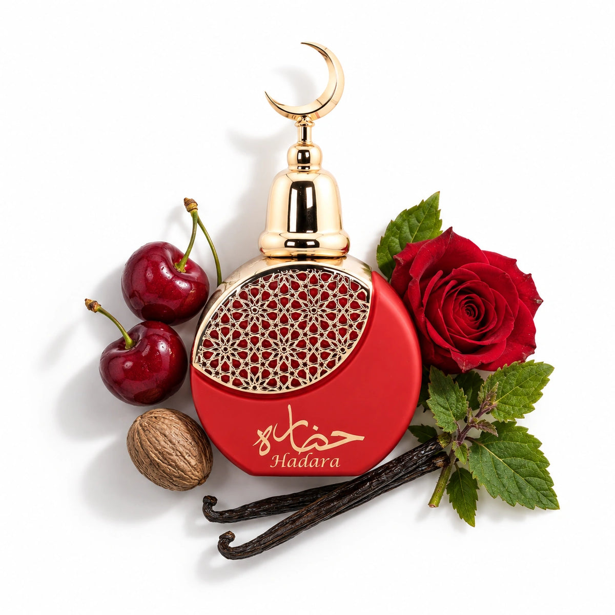Khalis Hadara 100ml bottle with cherry, nutmeg, rose, patchouli and vanilla