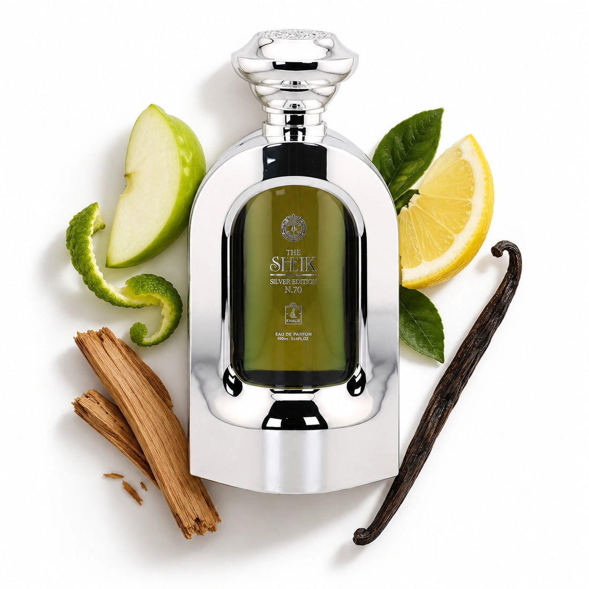 Khalis The Sheikh Silver Edition N.70 100ml bottle with apple, bergamot, lemon, sandalwood and vanilla