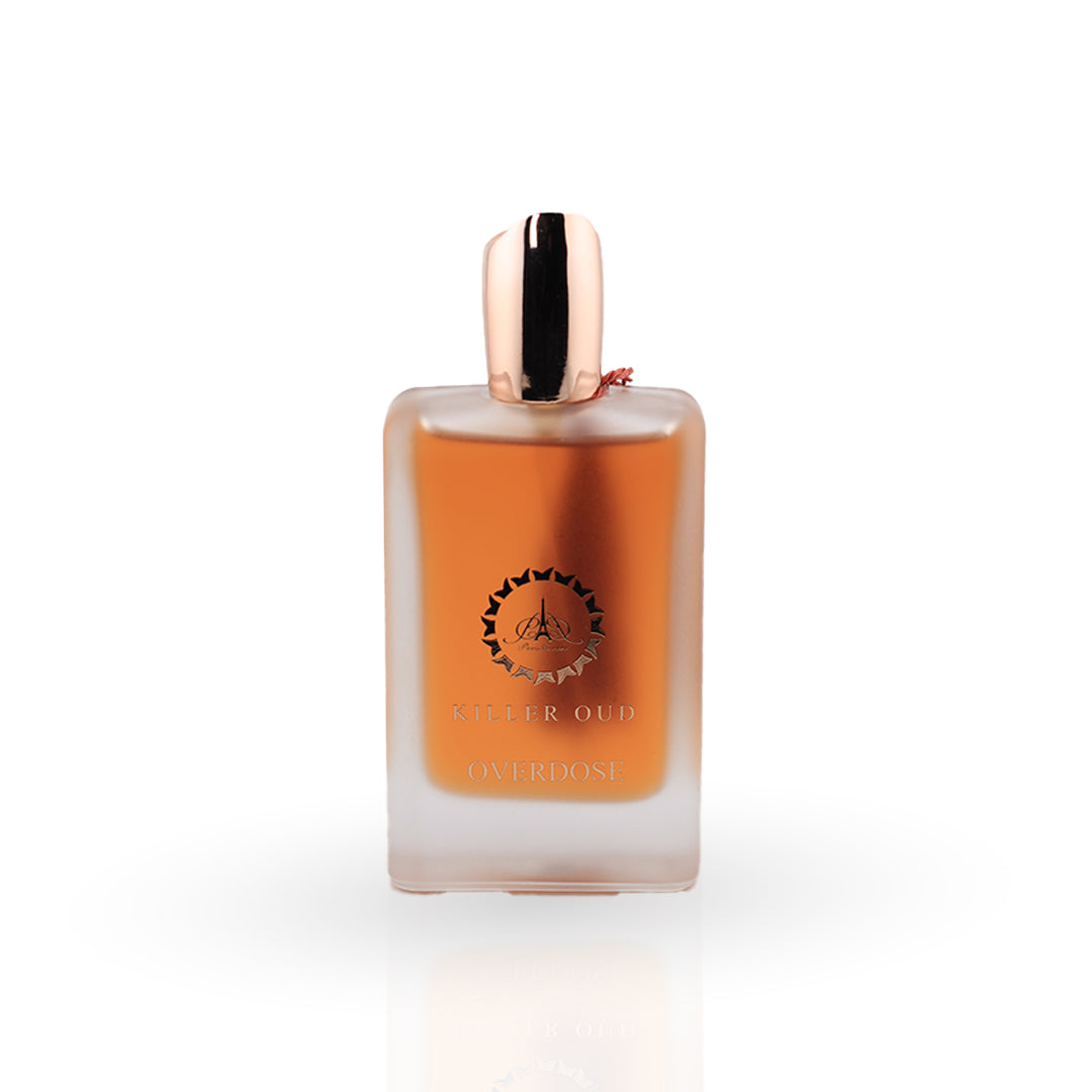 Perfume bottle with a gold cap on a white background