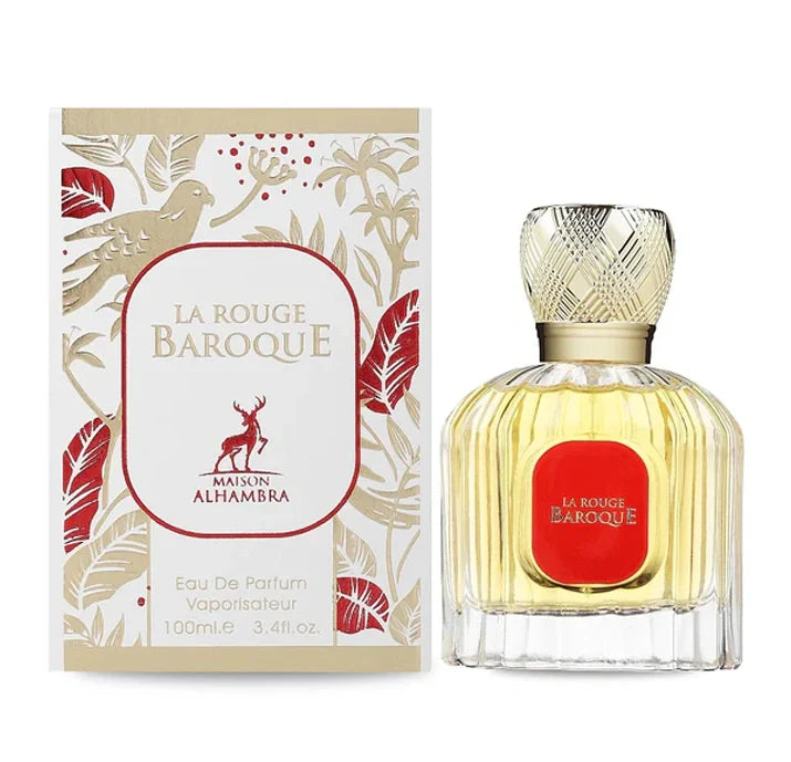 La Rouge Baroque perfume bottle 100ml with crystal-cut design and ornate botanical packaging