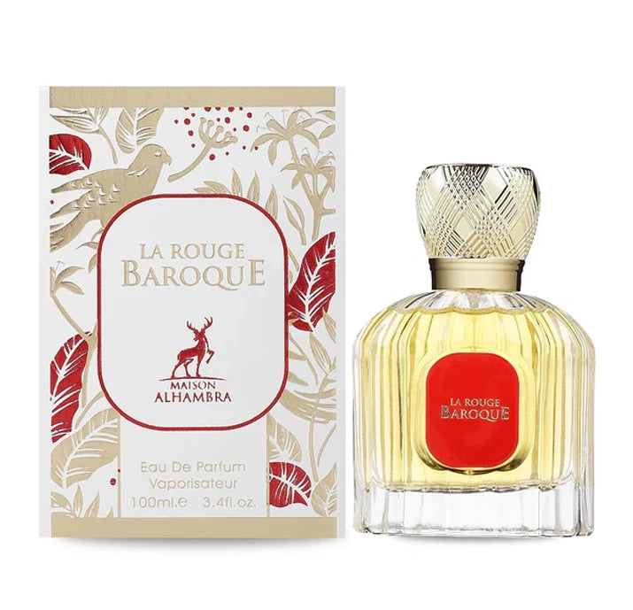 La Rouge Baroque perfume bottle 100ml with crystal-cut design and ornate botanical packaging