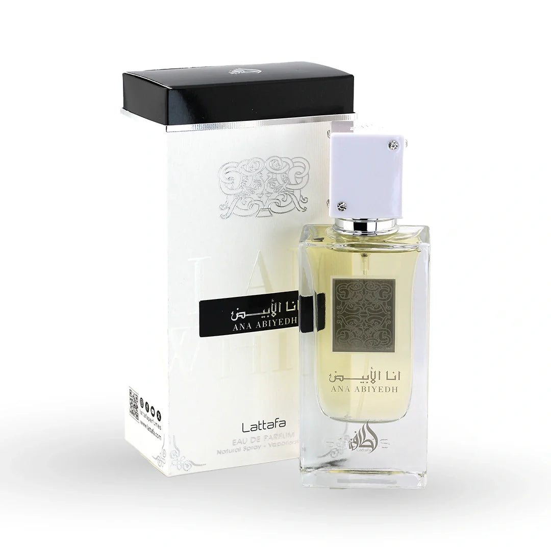 Lattafa Ana Abiyedh Eau de Parfum 60ml bottle with its box – unisex perfume, notes of vanilla, musk and orange