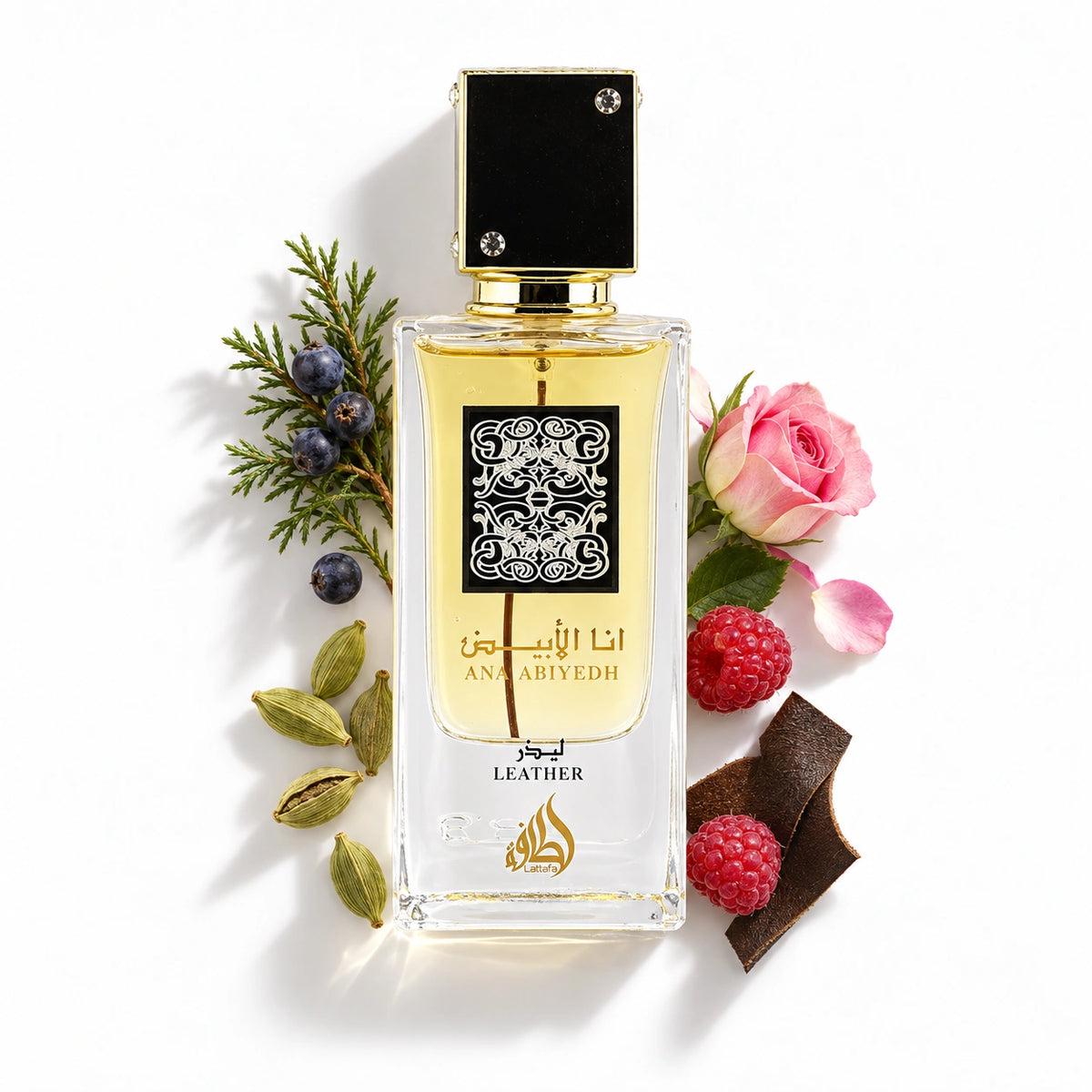 Lattafa Ana Abiyedh Leather 60ml bottle with juniper berries, cardamom, raspberry, rose and leather