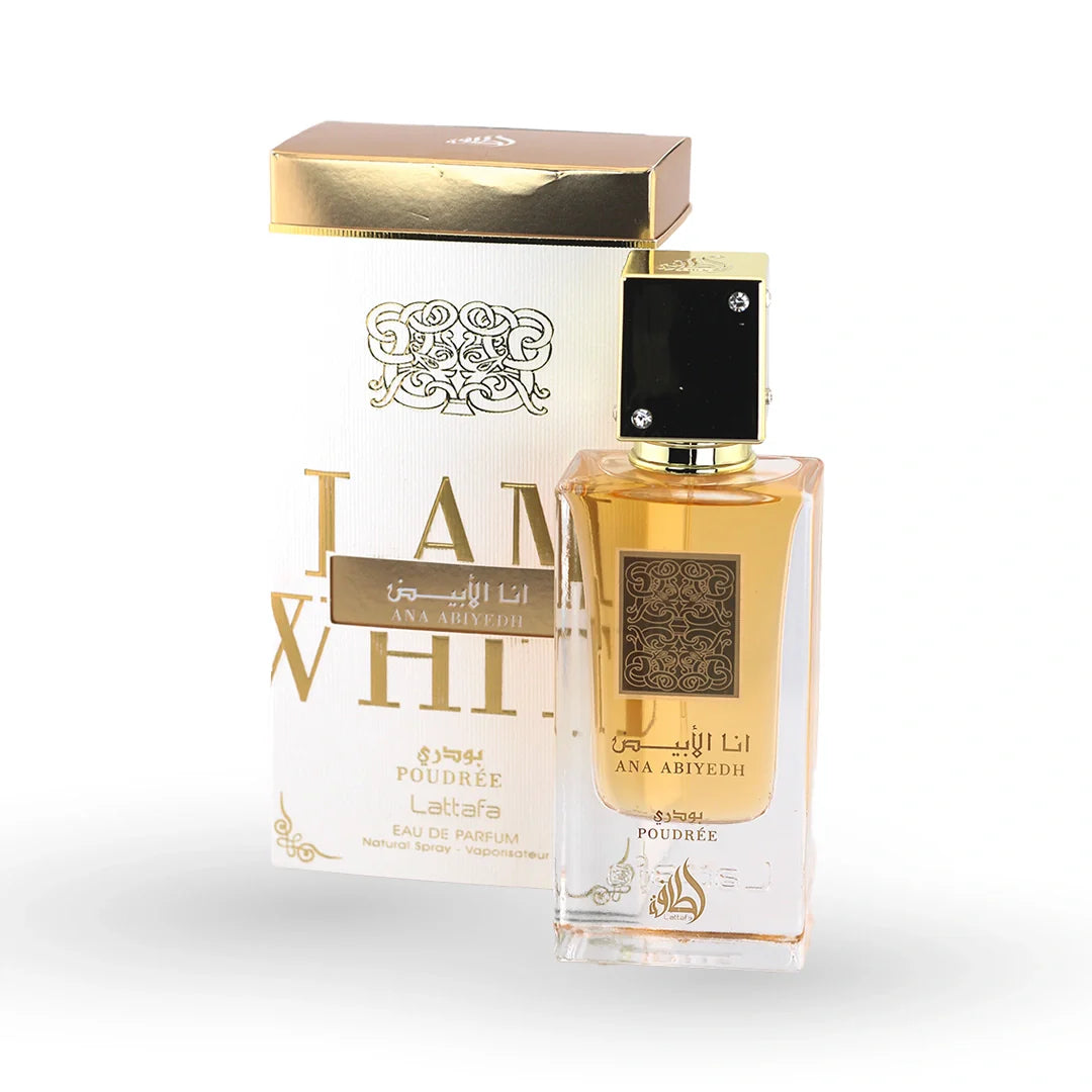 Lattafa Ana Abiyedh Poudree Eau de Parfum 100ml bottle with its box – unisex perfume, notes of vetiver, patchouli and orange blossom
