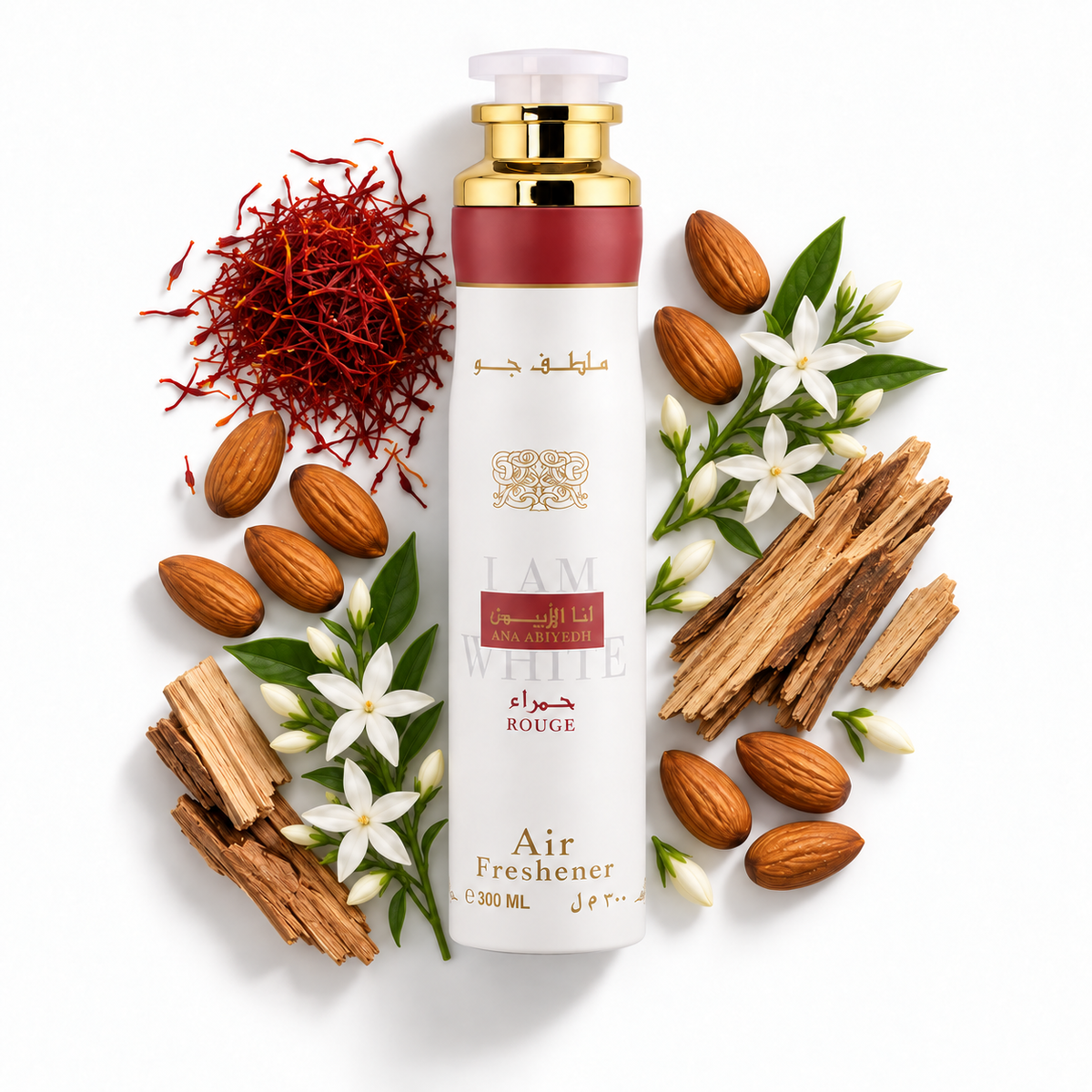 Lattafa Ana Abiyedh Rouge air freshener 300ml with saffron, almond, cedarwood and jasmine scent-note props on white