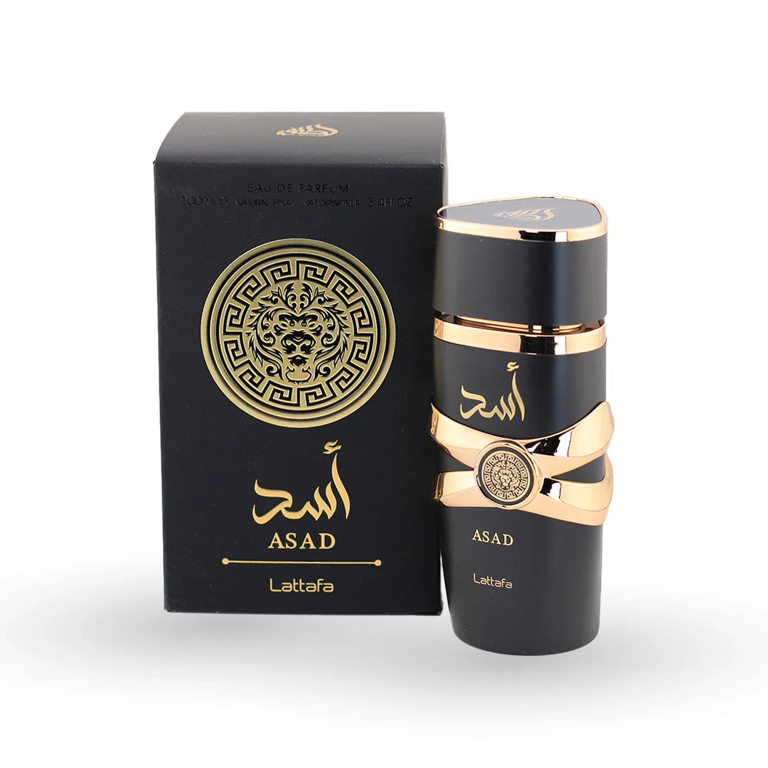 Lattafa Asad Eau de Parfum 100ml bottle with its box – men's gourmand perfume, notes of iris, dry wood and benzoin