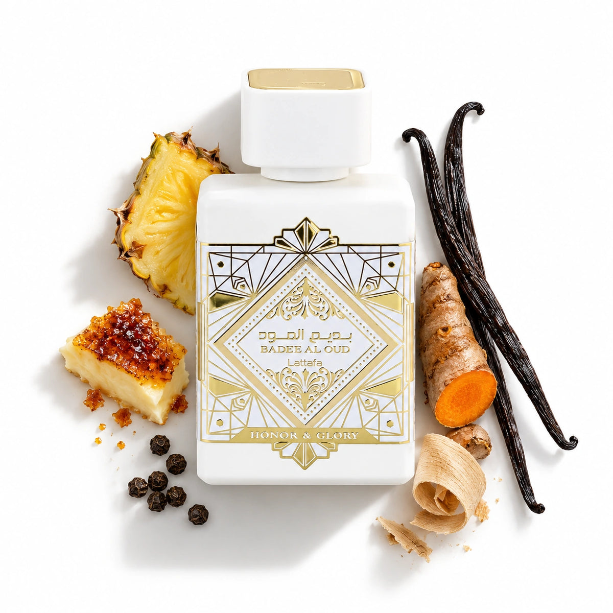 Lattafa Bade'e Al Oud Honor & Glory 100ml bottle with pineapple, creme brulee, cinnamon, turmeric, black pepper, vanilla and sandalwood