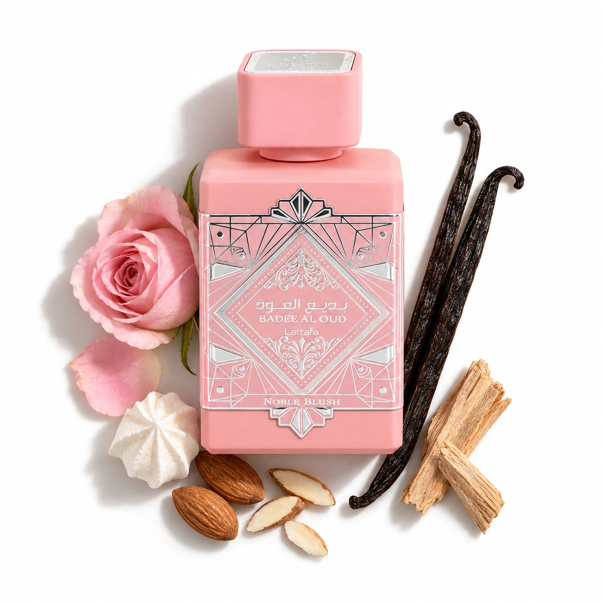 Lattafa Bade'e Al Oud Noble Blush 100ml bottle with rose, meringue, almond, vanilla and sandalwood