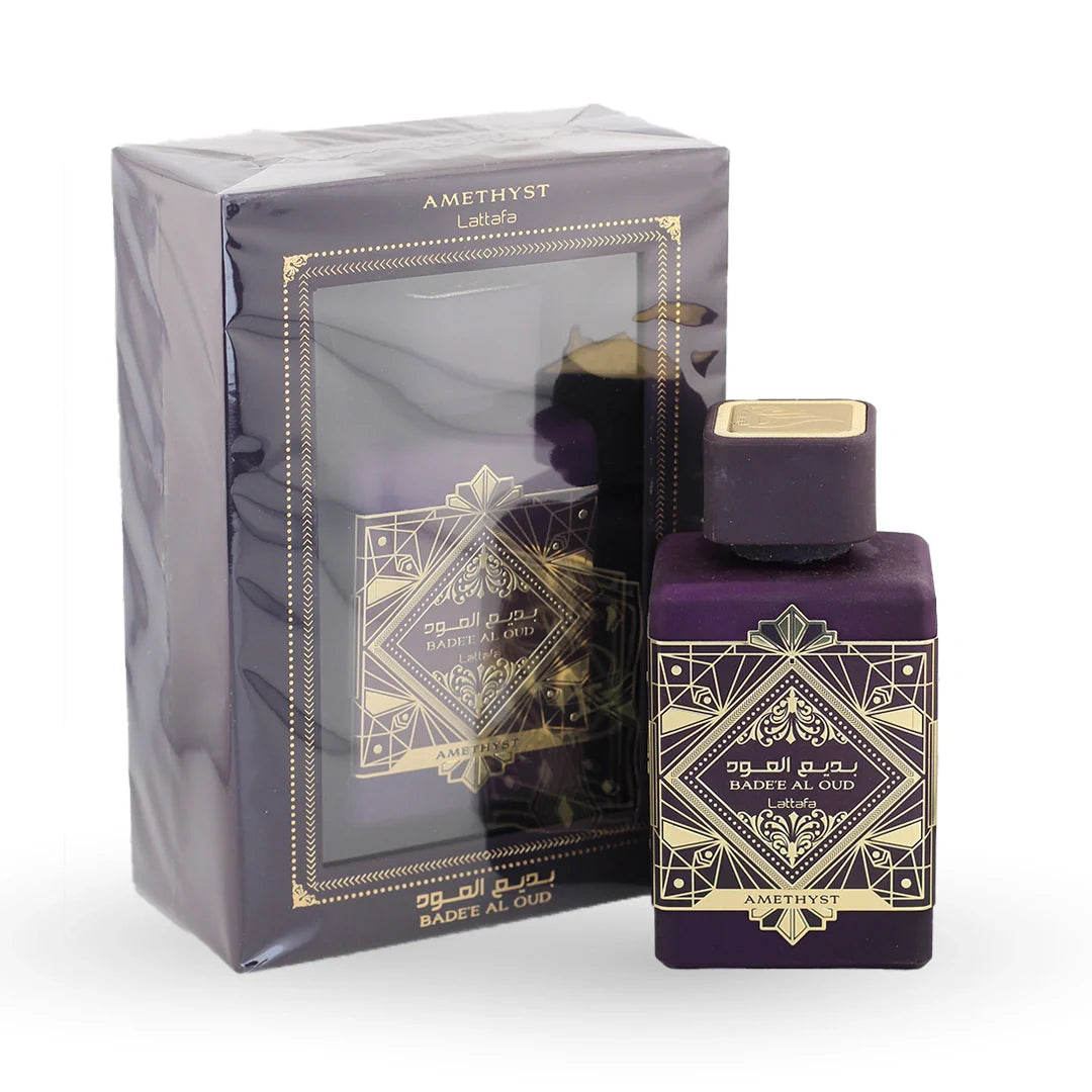 Lattafa Bade'e Al Oud Amethyst Eau de Parfum 100ml bottle with its box – unisex floral woody oud perfume, notes of pink pepper, bergamot and amber