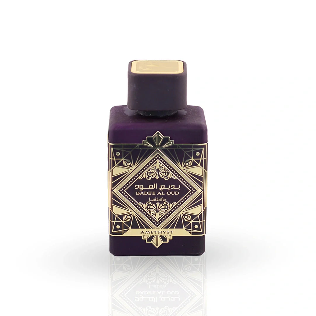 Lattafa Bade'e Al Oud Amethyst Eau de Parfum 100ml bottle – unisex floral woody oud perfume, notes of jasmine, vanilla and rose