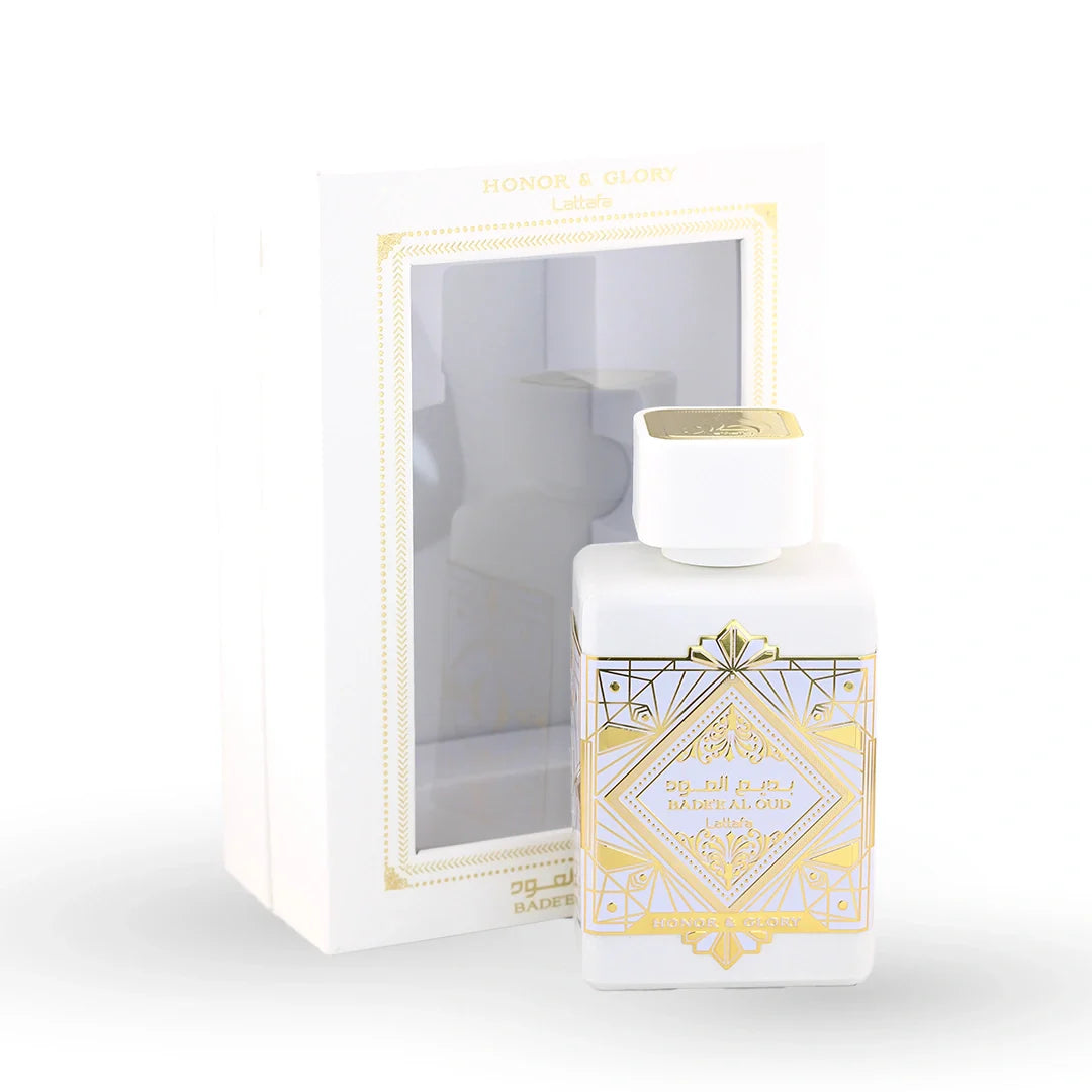 Lattafa Bade'e Al Oud Honor & Glory Eau de Parfum 100ml bottle with its box – unisex amber perfume, notes of cashmeran, benzoin and moss