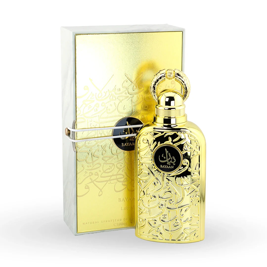 Lattafa Bayaan Eau de Parfum 100ml bottle with its box – unisex floral fruity gourmand perfume, notes of orange blossom, moss and pink pepper