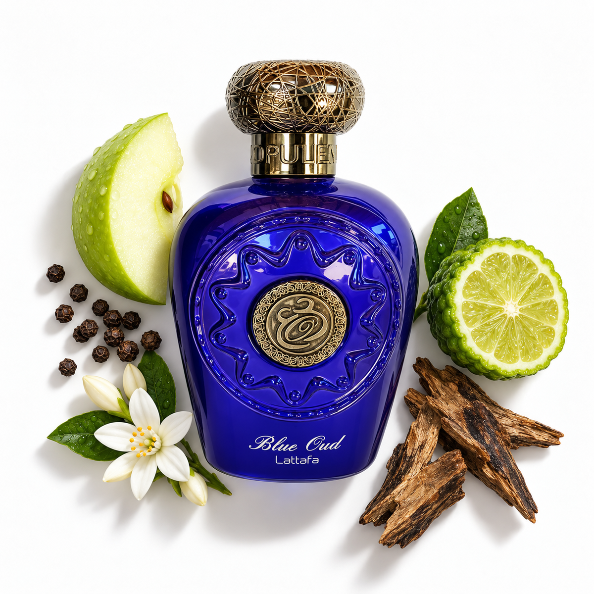 Lattafa Blue Oud 100ml bottle on white with green apple, bergamot, black peppercorns, oud wood chips, jasmine flower.