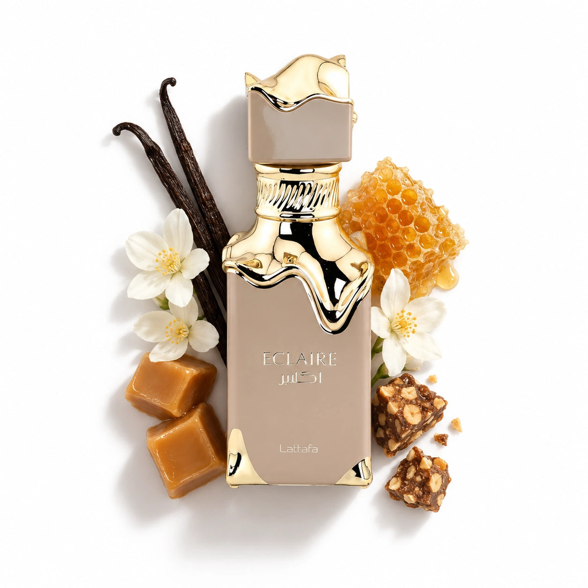 Lattafa Eclaire 100ml bottle with caramel, white flowers, honey, vanilla and praline