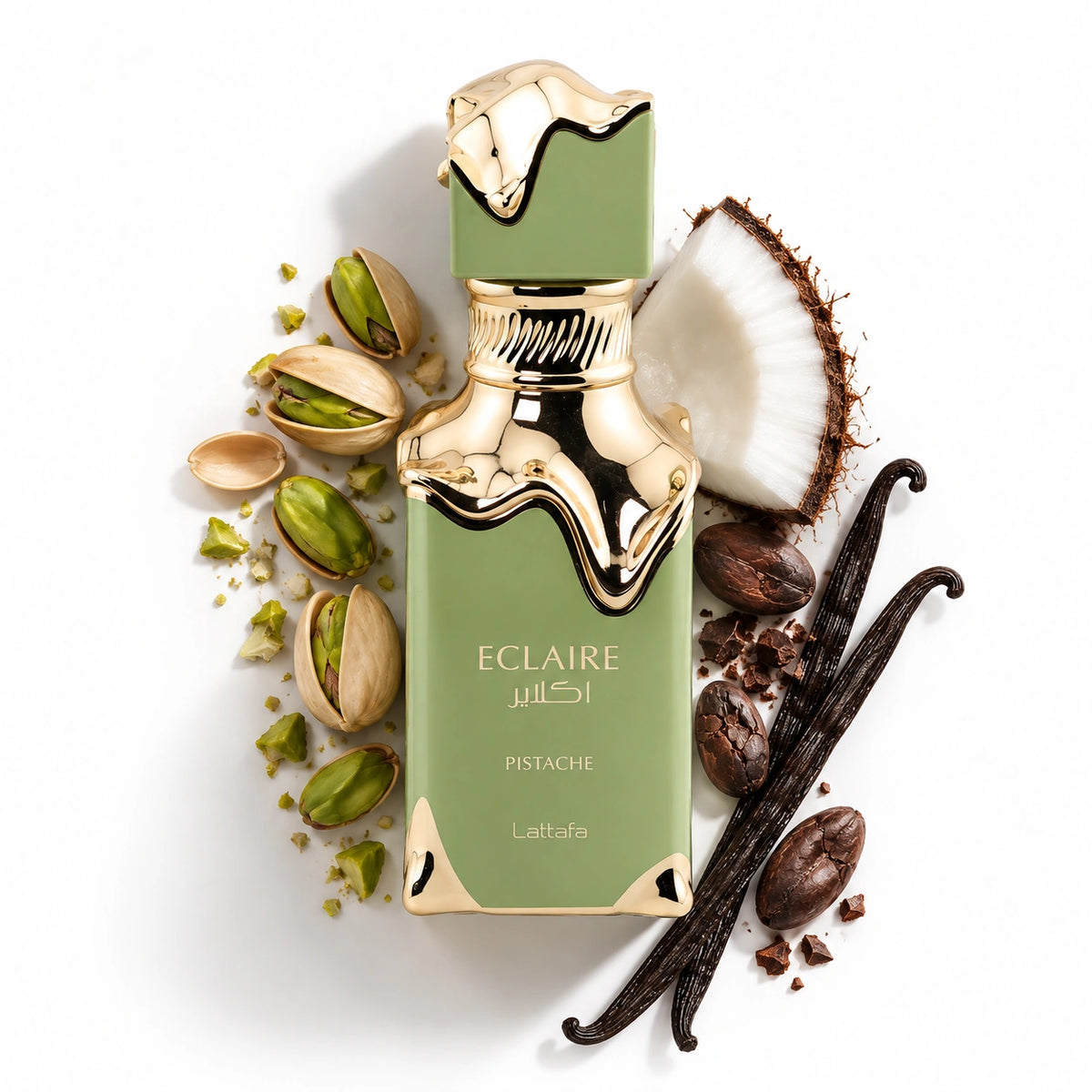 Lattafa Eclaire Pistache 100ml bottle with toasted pistachio, coconut, cacao and vanilla