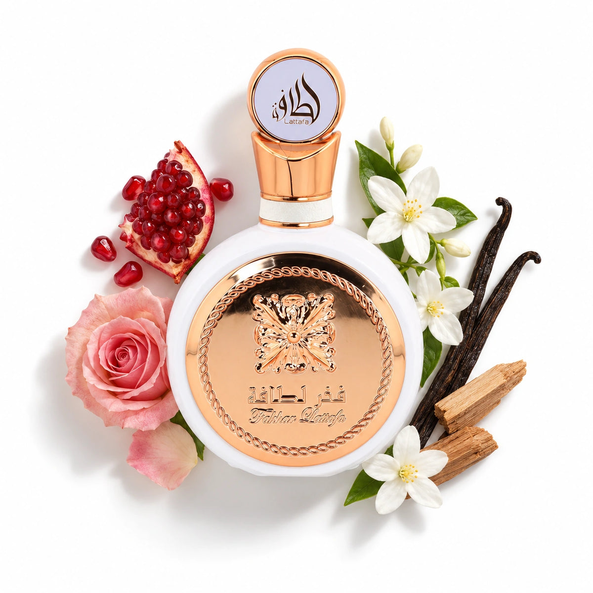 Lattafa Fakhar for Women 100ml bottle with pomegranate, rose, jasmine, vanilla and sandalwood