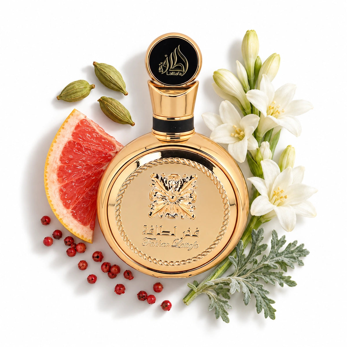 Lattafa Fakhar Gold 100ml bottle with cardamom, grapefruit, pink pepper, tuberose and artemisia