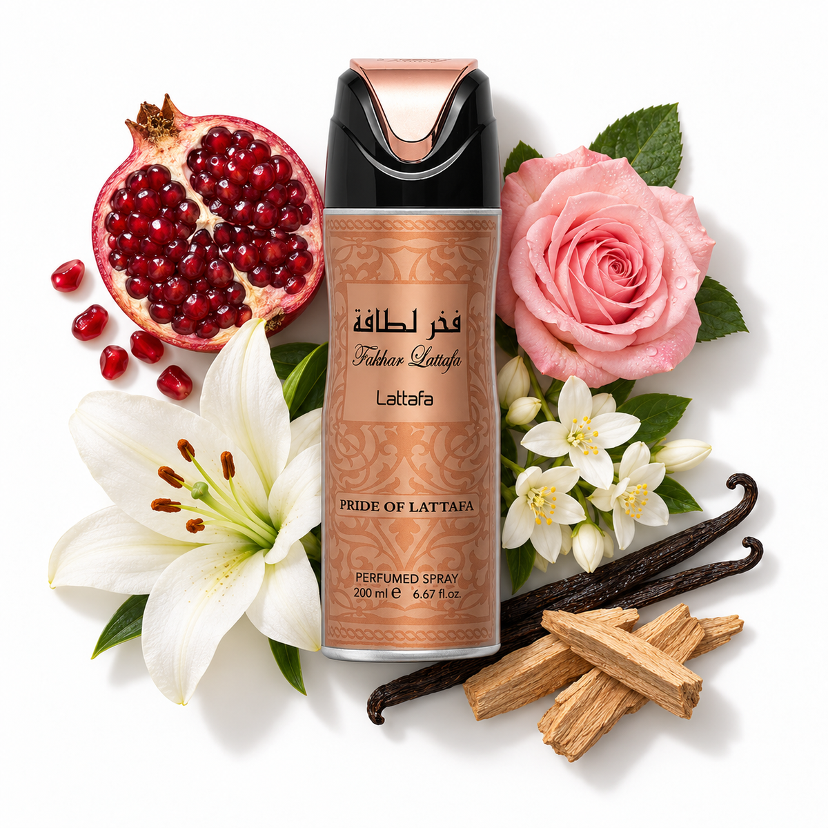 Lattafa Fakhar Women Body Spray 200ml with pomegranate, lily, jasmine, rose, vanilla and sandalwood scent-note props